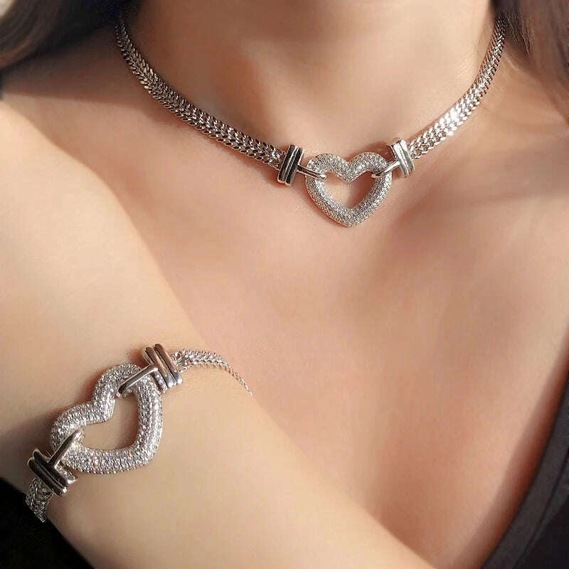 KIMLUD, Luxury Heart Shape Jewelry Sets Paved Micro Cubic Zirconia Gold Color Pendant Necklace Bracelets Bangles sets For Women Jewelry, B Platinum  set, KIMLUD Women's Clothes