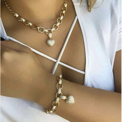 KIMLUD, Luxury Heart Shape Jewelry Sets Paved Micro Cubic Zirconia Gold Color Pendant Necklace Bracelets Bangles sets For Women Jewelry, A Gold Jewelry Sets, KIMLUD APPAREL - Womens Clothes