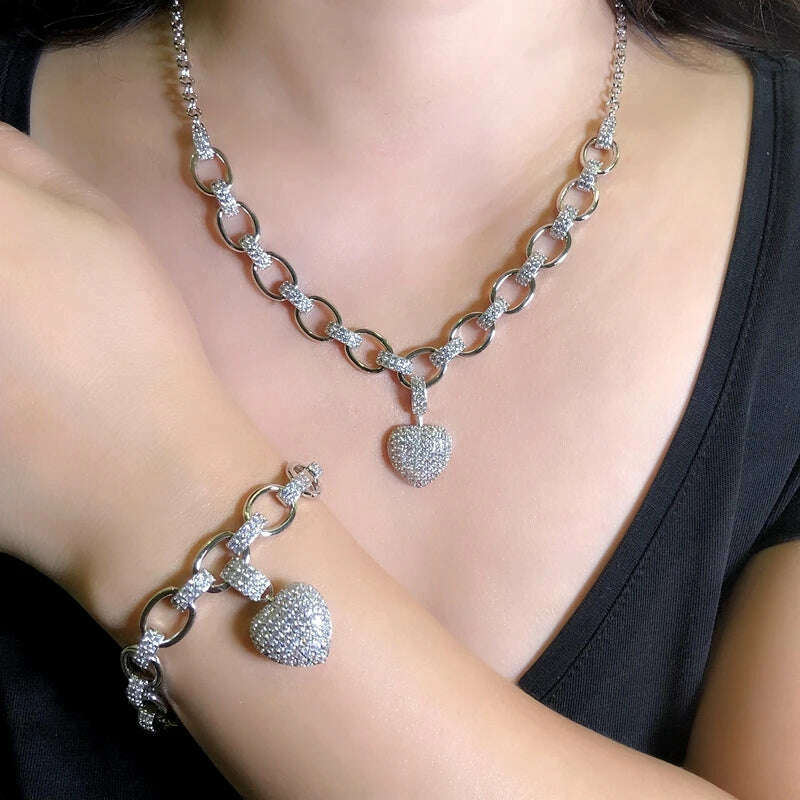 KIMLUD, Luxury Heart Shape Jewelry Sets Paved Micro Cubic Zirconia Gold Color Pendant Necklace Bracelets Bangles sets For Women Jewelry, A Platinum  set, KIMLUD APPAREL - Womens Clothes