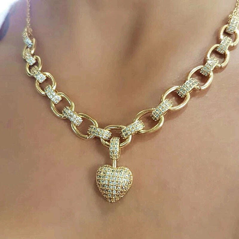KIMLUD, Luxury Heart Shape Jewelry Sets Paved Micro Cubic Zirconia Gold Color Pendant Necklace Bracelets Bangles sets For Women Jewelry, A gold Necklace, KIMLUD APPAREL - Womens Clothes