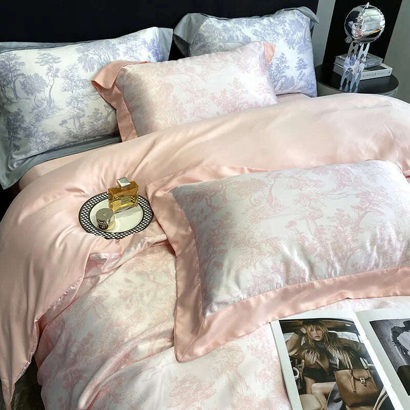 KIMLUD, Luxury Home Textile Bedding Set 100% Tencel Quilt Cover Duvet Cover Flat Bed Sheet Pillowcases Comforter Bed Linens Queen King, Peach Powder / Queen  4pcs / Flat Bed Sheet, KIMLUD Womens Clothes