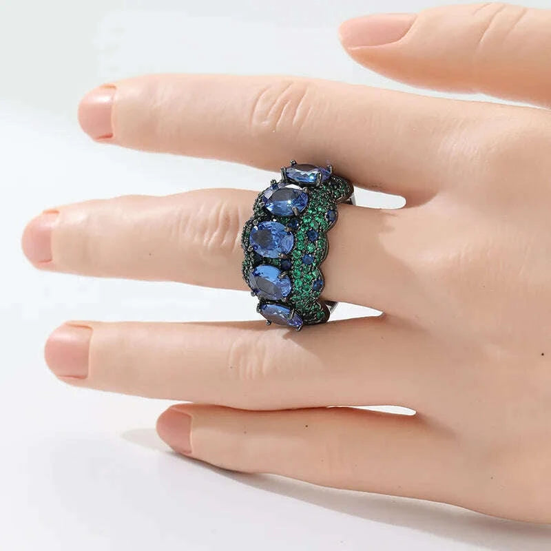 Luxury Inlaid Green Blue CZ Women's Ring Creativity Black Color Geometry Daily Wear Party Jewelry Anniversary Gift
