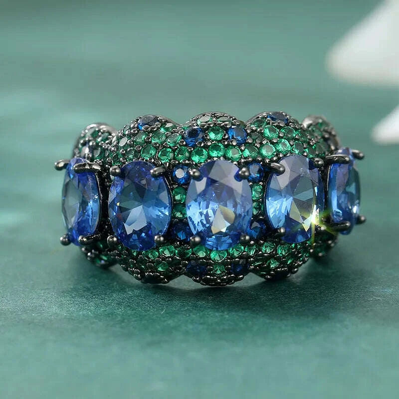 Luxury Inlaid Green Blue CZ Women's Ring Creativity Black Color Geometry Daily Wear Party Jewelry Anniversary Gift