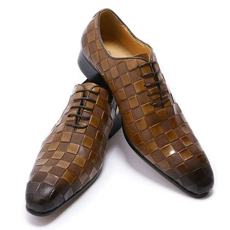 KIMLUD, Luxury Italian Leather Dress Shoes Men Fashion Plaid Print Lace-Up Black Brown Wedding Office Shoes Formal Oxford Shoes for Men, KIMLUD Womens Clothes
