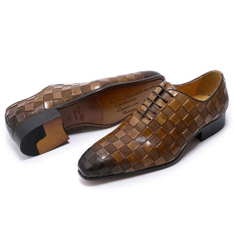 Luxury Italian Leather Dress Shoes Men Fashion Plaid Print Lace-Up Black Brown Wedding Office Shoes Formal Oxford Shoes for Men - KIMLUD
