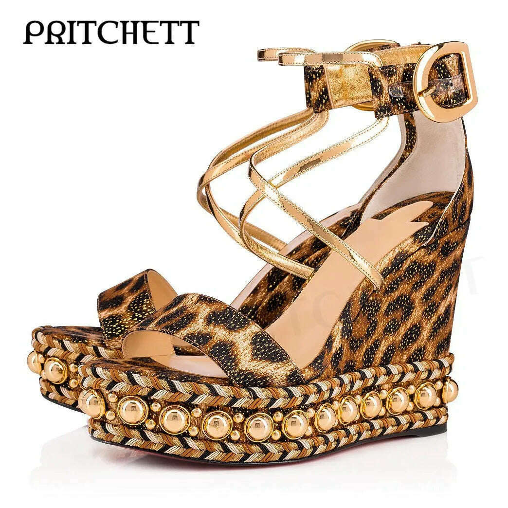 KIMLUD, Luxury Leopard Print Wedge Platform Sandals Gold Pearl Metal Buckle One Word Strap Sandals Cross Thin Strap Fashion Women's Shoe, KIMLUD Womens Clothes