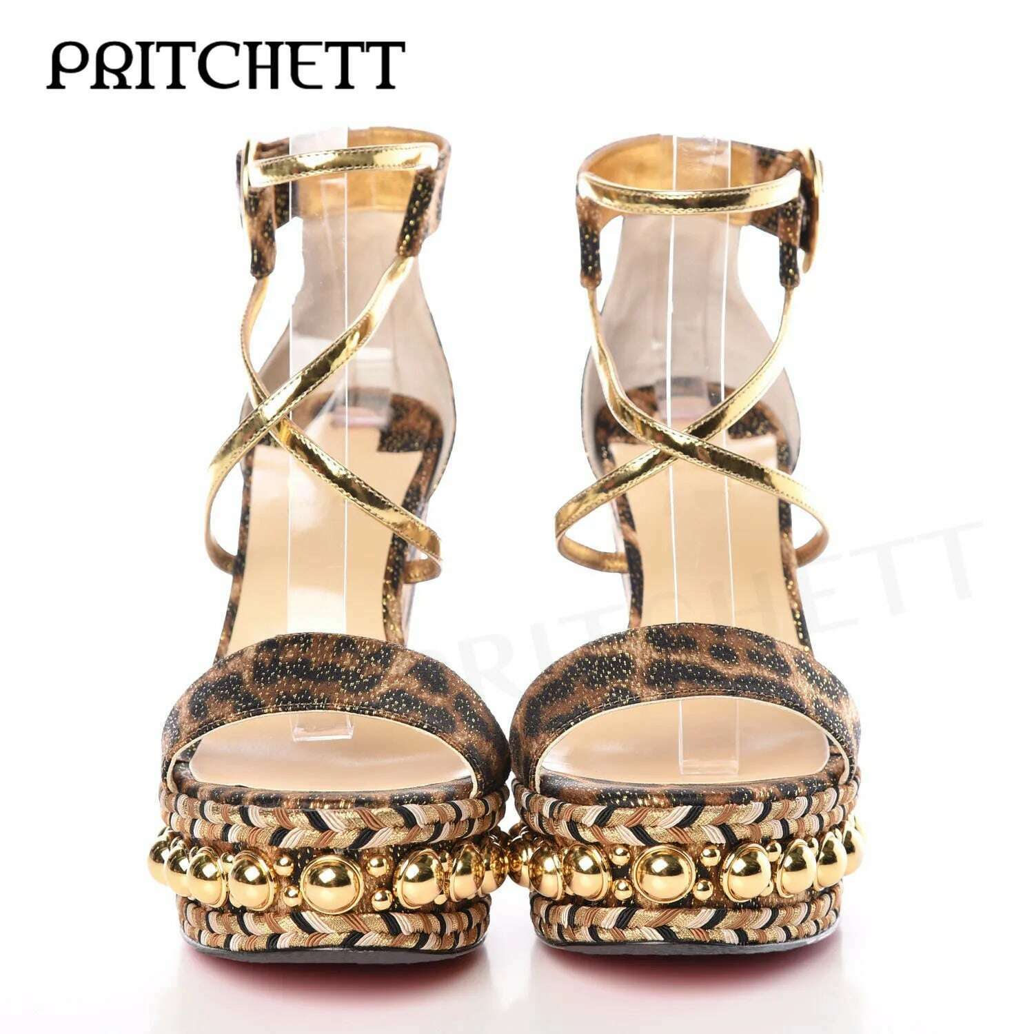 KIMLUD, Luxury Leopard Print Wedge Platform Sandals Gold Pearl Metal Buckle One Word Strap Sandals Cross Thin Strap Fashion Women's Shoe, KIMLUD Womens Clothes