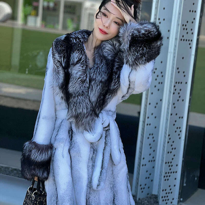 KIMLUD, Luxury Long Female Streetwear Fox Fur Collar Women Natural Rex Rabbit Fur Jacket Thick Warm High QualityWinter Real Fur Coat, KIMLUD Women's Clothes
