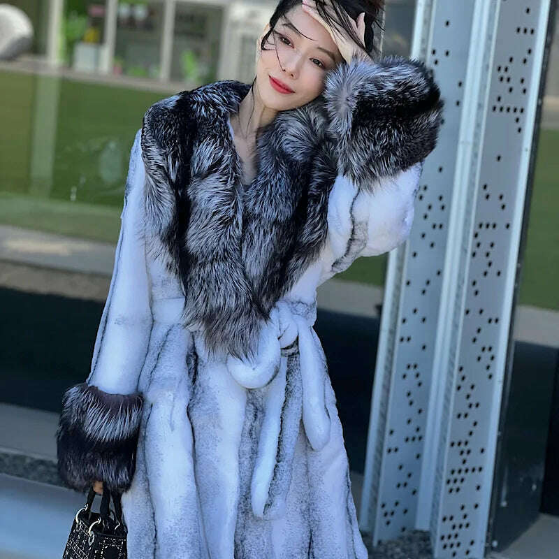 KIMLUD, Luxury Long Female Streetwear Fox Fur Collar Women Natural Rex Rabbit Fur Jacket Thick Warm High QualityWinter Real Fur Coat, KIMLUD Womens Clothes