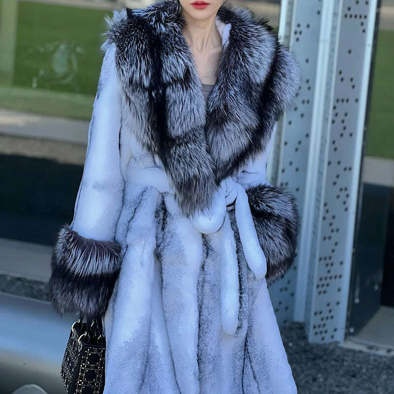 KIMLUD, Luxury Long Female Streetwear Fox Fur Collar Women Natural Rex Rabbit Fur Jacket Thick Warm High QualityWinter Real Fur Coat, KIMLUD Womens Clothes