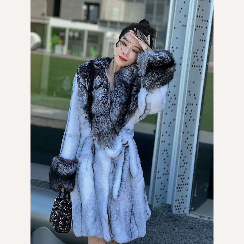 KIMLUD, Luxury Long Female Streetwear Fox Fur Collar Women Natural Rex Rabbit Fur Jacket Thick Warm High QualityWinter Real Fur Coat, KIMLUD Womens Clothes