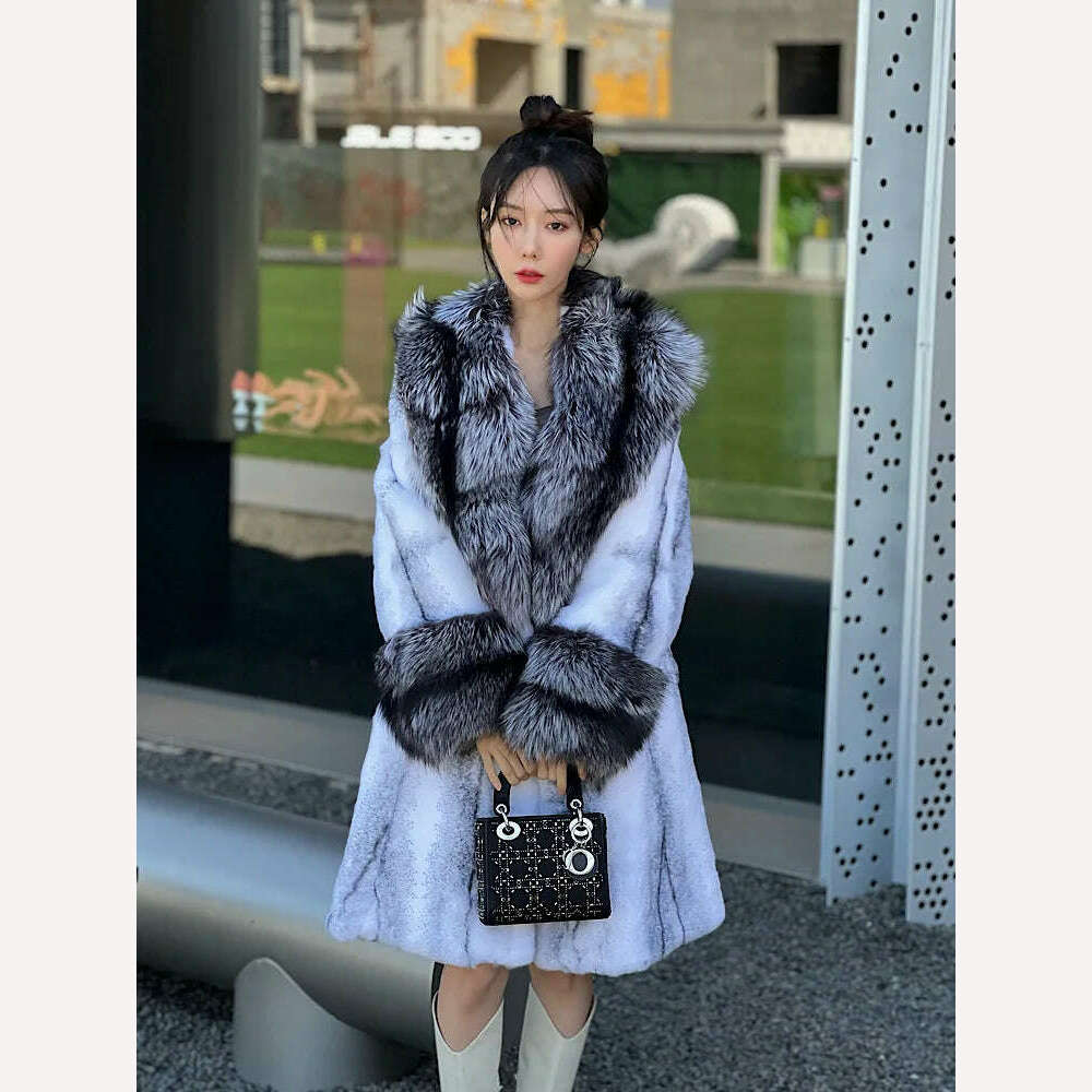 KIMLUD, Luxury Long Female Streetwear Fox Fur Collar Women Natural Rex Rabbit Fur Jacket Thick Warm High QualityWinter Real Fur Coat, KIMLUD Womens Clothes