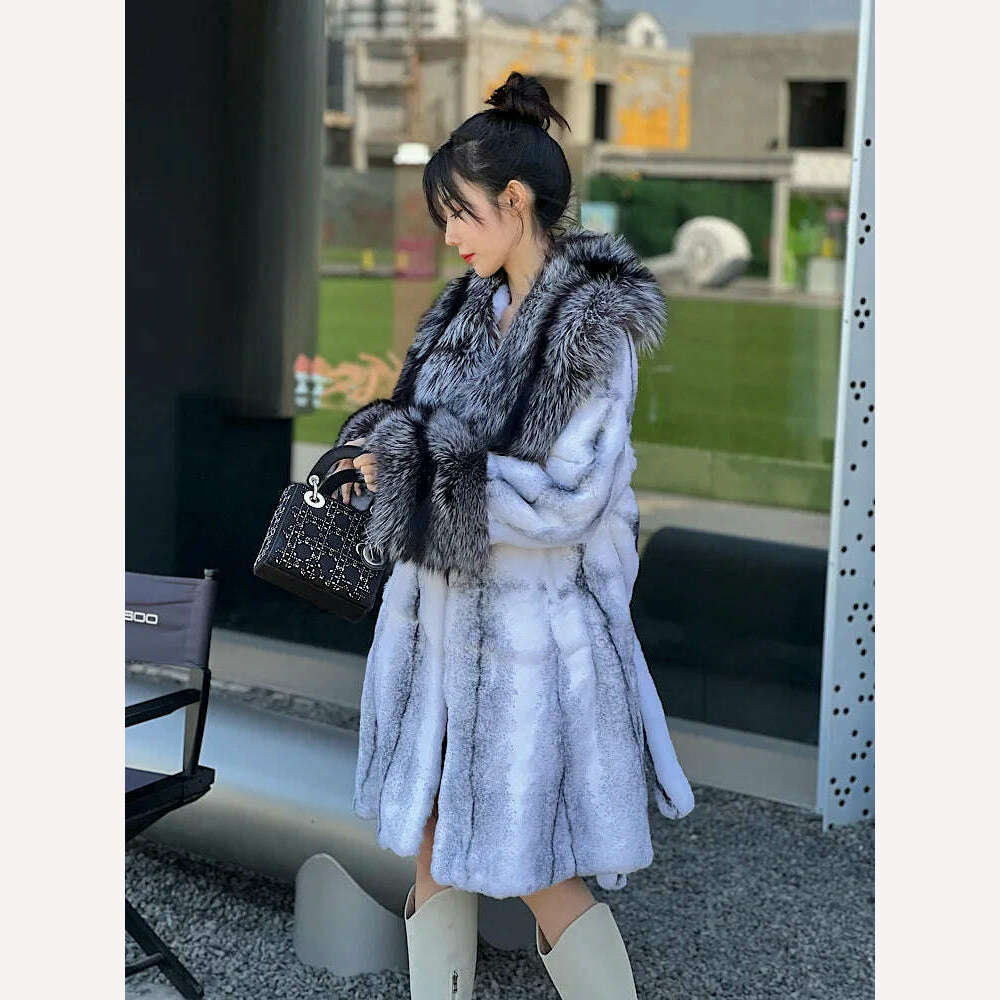 KIMLUD, Luxury Long Female Streetwear Fox Fur Collar Women Natural Rex Rabbit Fur Jacket Thick Warm High QualityWinter Real Fur Coat, KIMLUD Womens Clothes