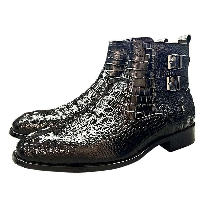 Luxury Men Ankle Boots Shoes Black Brown Crocodile Printed Zipper Chelsea Double Buckle Genuine Leather Dress Boots Men&#39;s Shoes - KIMLUD