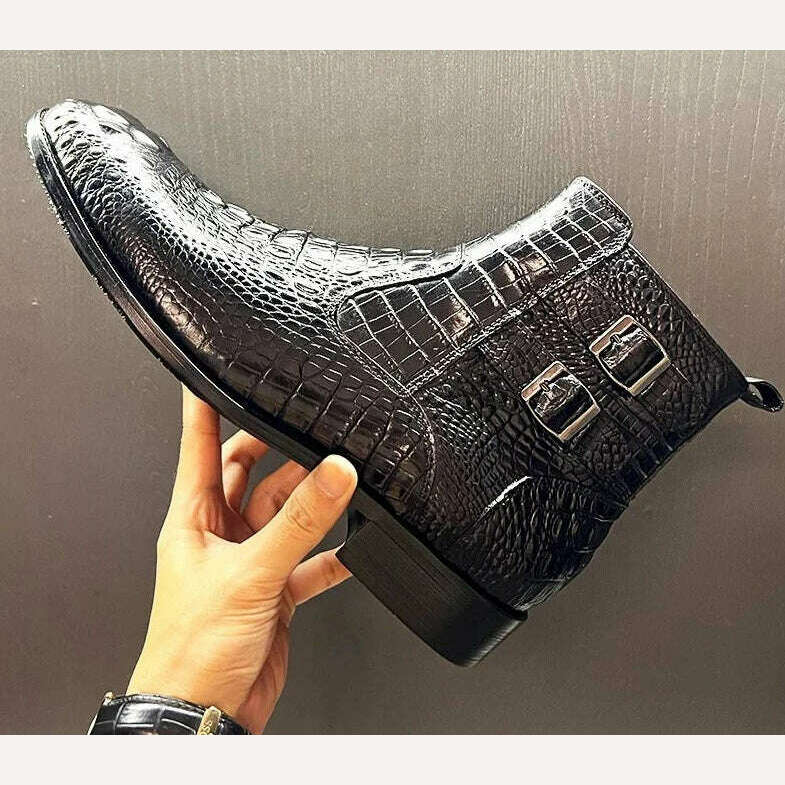 Luxury Men Ankle Boots Shoes Black Brown Crocodile Printed Zipper Chelsea Double Buckle Genuine Leather Dress Boots Men&#39;s Shoes - KIMLUD