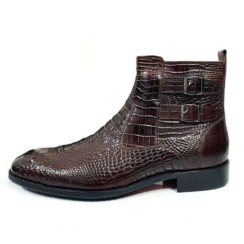 Luxury Men Ankle Boots Shoes Black Brown Crocodile Printed Zipper Chelsea Double Buckle Genuine Leather Dress Boots Men&#39;s Shoes - KIMLUD