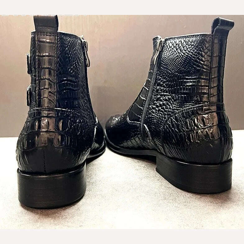 Luxury Men Ankle Boots Shoes Black Brown Crocodile Printed Zipper Chelsea Double Buckle Genuine Leather Dress Boots Men&#39;s Shoes - KIMLUD