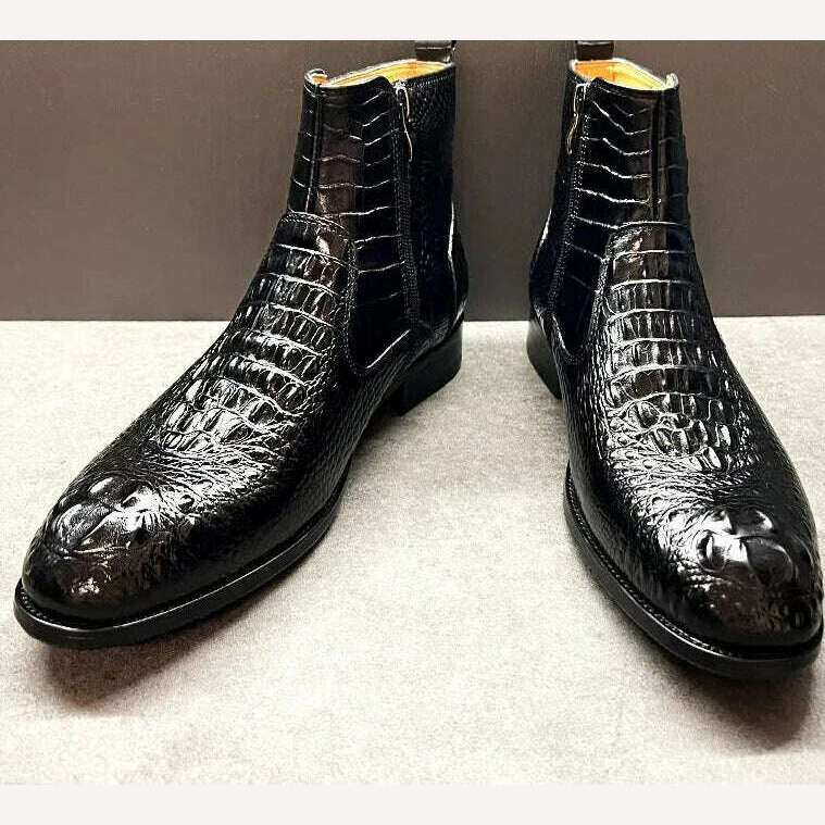 Luxury Men Ankle Boots Shoes Black Brown Crocodile Printed Zipper Chelsea Double Buckle Genuine Leather Dress Boots Men&#39;s Shoes - KIMLUD