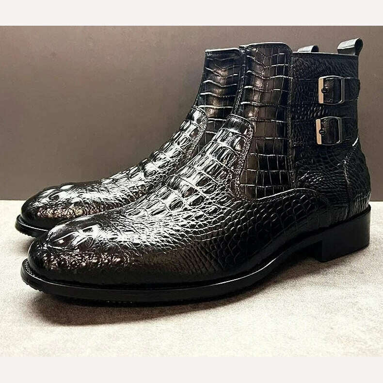 Luxury Men Ankle Boots Shoes Black Brown Crocodile Printed Zipper Chelsea Double Buckle Genuine Leather Dress Boots Men&#39;s Shoes - KIMLUD