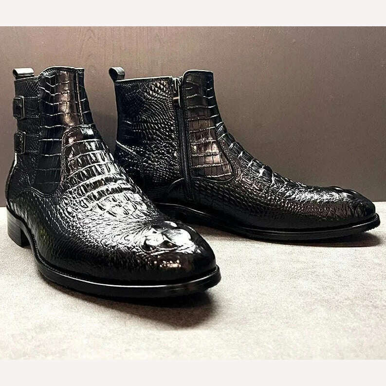 Luxury Men Ankle Boots Shoes Black Brown Crocodile Printed Zipper Chelsea Double Buckle Genuine Leather Dress Boots Men&#39;s Shoes - KIMLUD