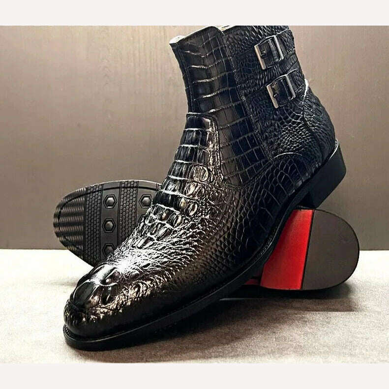 Luxury Men Ankle Boots Shoes Black Brown Crocodile Printed Zipper Chelsea Double Buckle Genuine Leather Dress Boots Men&#39;s Shoes - KIMLUD