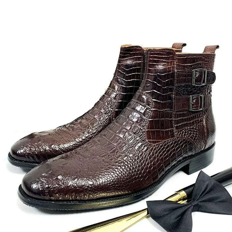 KIMLUD, Luxury Men Ankle Boots Shoes Black Brown Crocodile Printed Zipper Chelsea Double Buckle Genuine Leather Dress Boots Men&#39;s Shoes, KIMLUD Women's Clothes