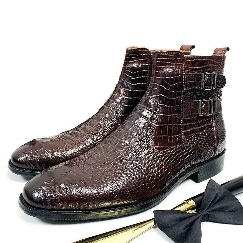 Luxury Men Ankle Boots Shoes Black Brown Crocodile Printed Zipper Chelsea Double Buckle Genuine Leather Dress Boots Men&#39;s Shoes - KIMLUD