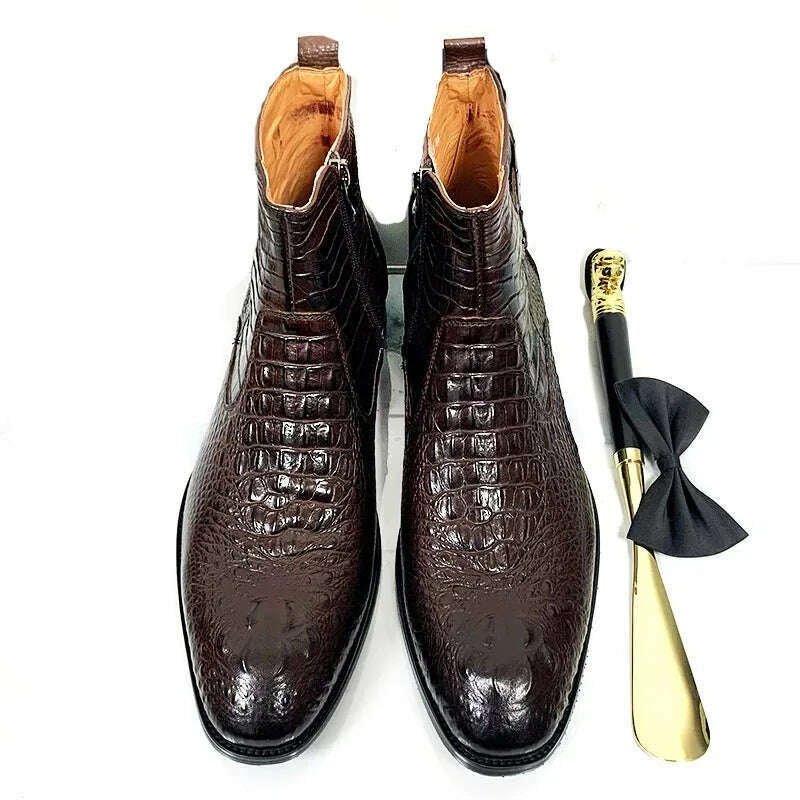 Luxury Men Ankle Boots Shoes Black Brown Crocodile Printed Zipper Chelsea Double Buckle Genuine Leather Dress Boots Men&#39;s Shoes - KIMLUD