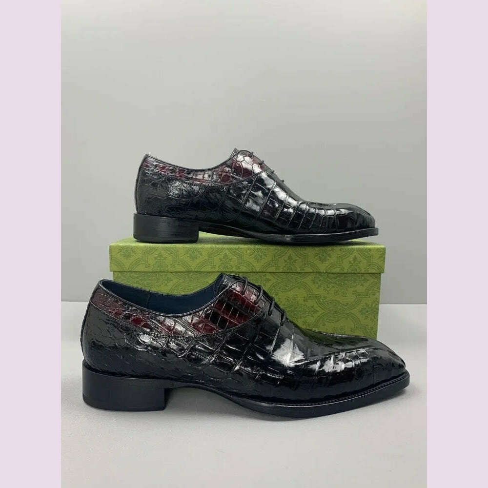 KIMLUD, Luxury Mens Crocodile Genuine Leather Dress Shoes Italian Designer Lace Up Med Heel Mixed Colors Business Man Work Formal Shoes, KIMLUD Womens Clothes