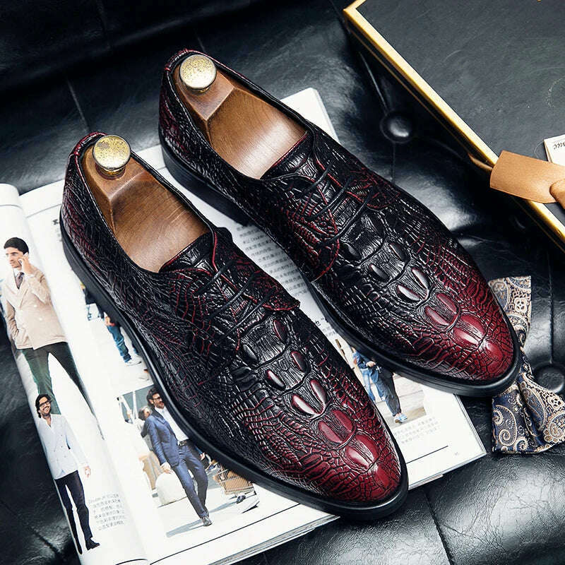 KIMLUD, Luxury men's oxford shoes crocodile classic style dress leather shoes burgundy lace up pointed toe formal shoes men's size 38-48, KIMLUD Women's Clothes