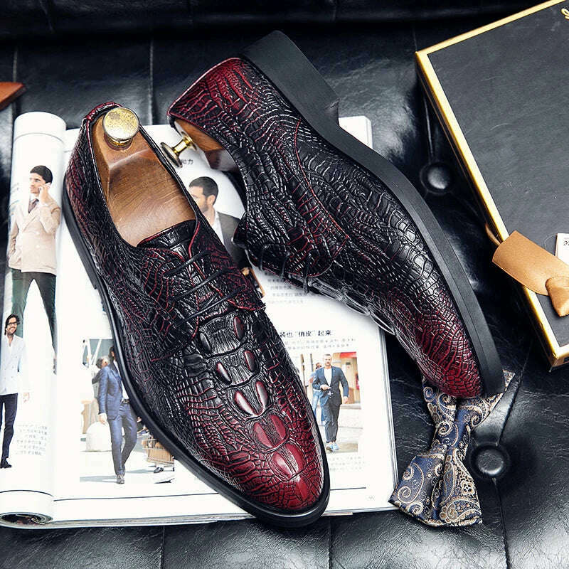 KIMLUD, Luxury men's oxford shoes crocodile classic style dress leather shoes burgundy lace up pointed toe formal shoes men's size 38-48, KIMLUD Womens Clothes