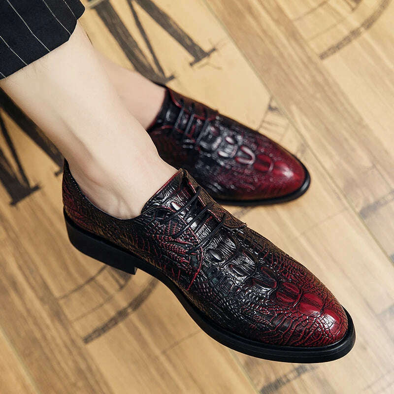 KIMLUD, Luxury men's oxford shoes crocodile classic style dress leather shoes burgundy lace up pointed toe formal shoes men's size 38-48, KIMLUD Womens Clothes