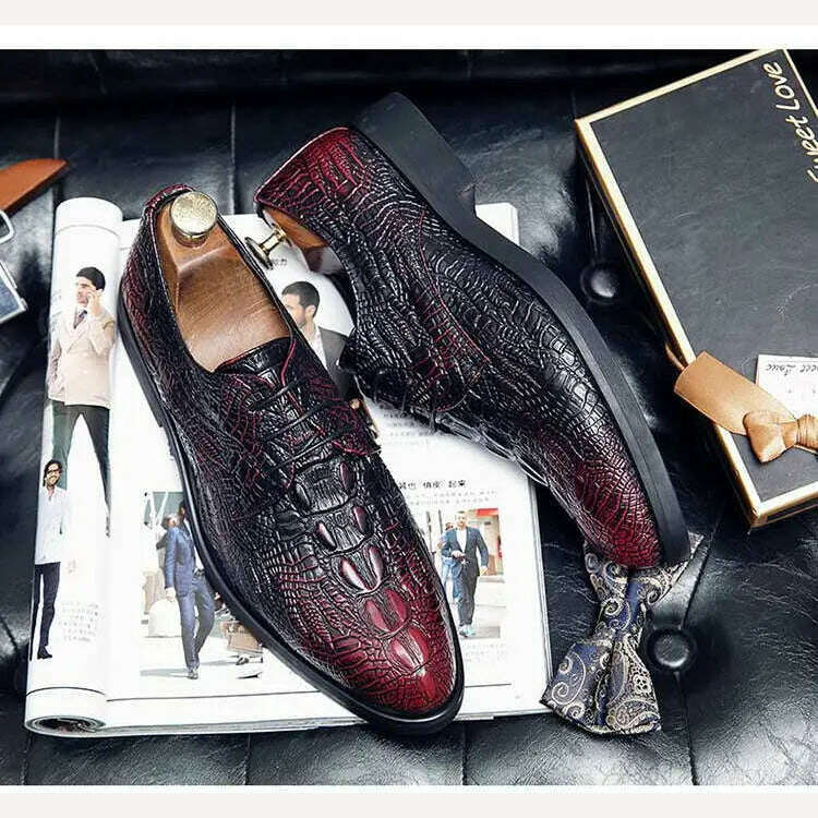 KIMLUD, Luxury men's oxford shoes crocodile classic style dress leather shoes burgundy lace up pointed toe formal shoes men's size 38-48, KIMLUD Womens Clothes