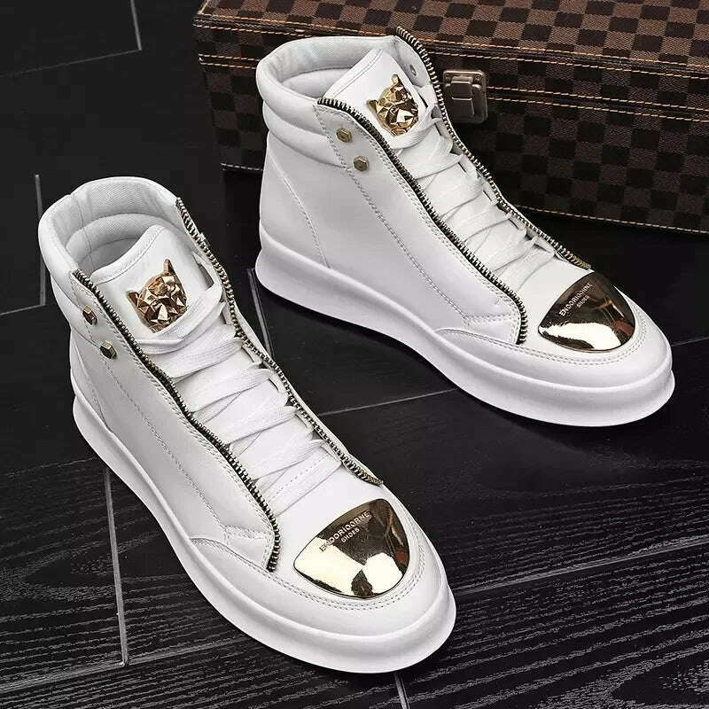 KIMLUD, Luxury Mens Sneaker Fashion High Top Casual Boot Hip Hop Streetwear Skateboard Shoes for Men Leather Ankle Boots Tenis Masculino, White / 44, KIMLUD APPAREL - Womens Clothes