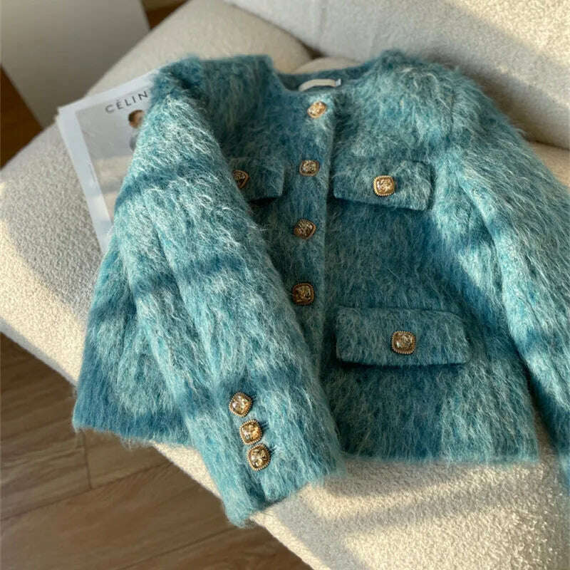 KIMLUD, Luxury mink Hair Coat French Elegant Gold Single Breasted O-Neck Long Sleeve Women's Spring Autumn New All-matched Blue Jacket, Blue / S, KIMLUD Womens Clothes