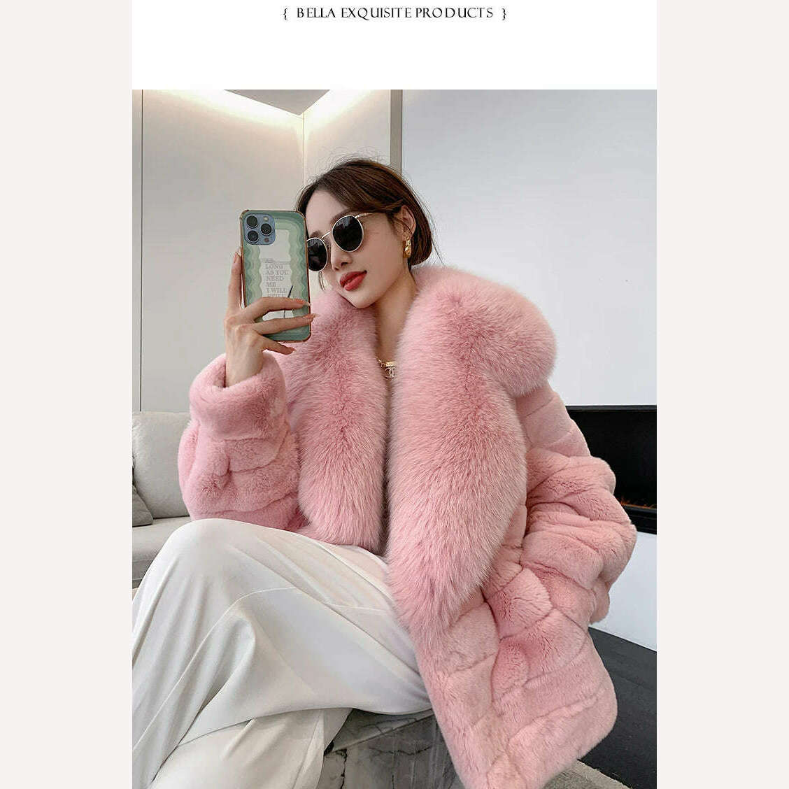 KIMLUD, Luxury Oversized Crystal Fox Fur Collar Whole Fur Rex Rabbit Fur Coat Rabbit Fur Loose Coat Autumn And Winter New Style Customiz, KIMLUD Women's Clothes