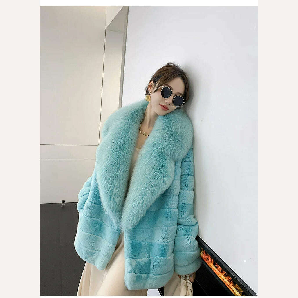 KIMLUD, Luxury Oversized Crystal Fox Fur Collar Whole Fur Rex Rabbit Fur Coat Rabbit Fur Loose Coat Autumn And Winter New Style Customiz, KIMLUD Women's Clothes
