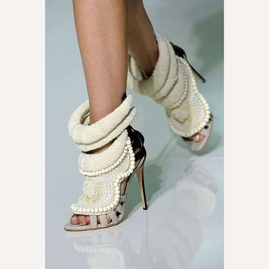 Luxury Pearl Embellished Peep toe Sandals Woman Knitted Wool Patched Gladiator High Heel Shoes Ladies Cutouts Dress Heels - KIMLUD