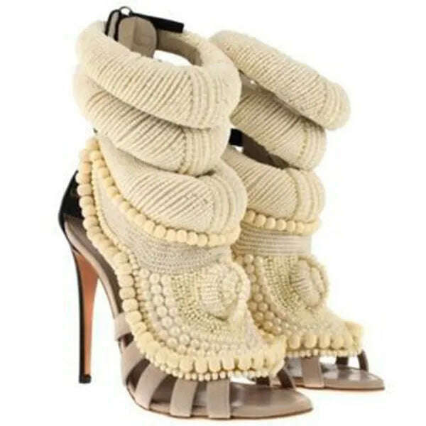 Luxury Pearl Embellished Peep toe Sandals Woman Knitted Wool Patched Gladiator High Heel Shoes Ladies Cutouts Dress Heels - KIMLUD
