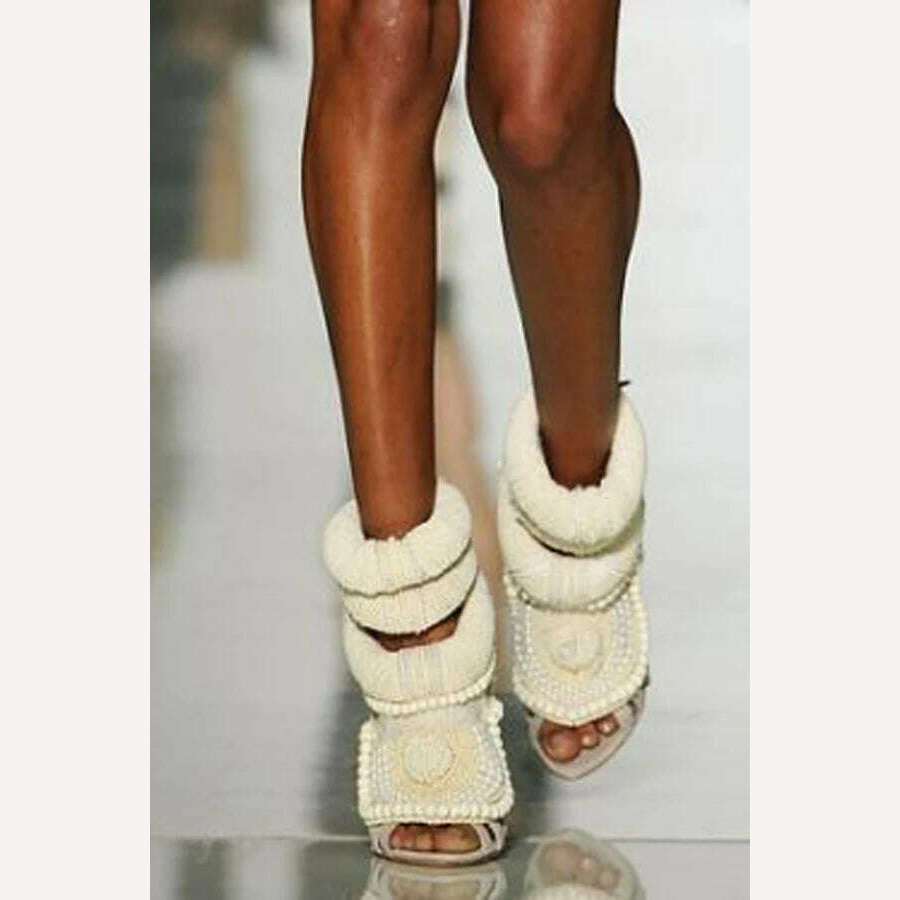 Luxury Pearl Embellished Peep toe Sandals Woman Knitted Wool Patched Gladiator High Heel Shoes Ladies Cutouts Dress Heels - KIMLUD