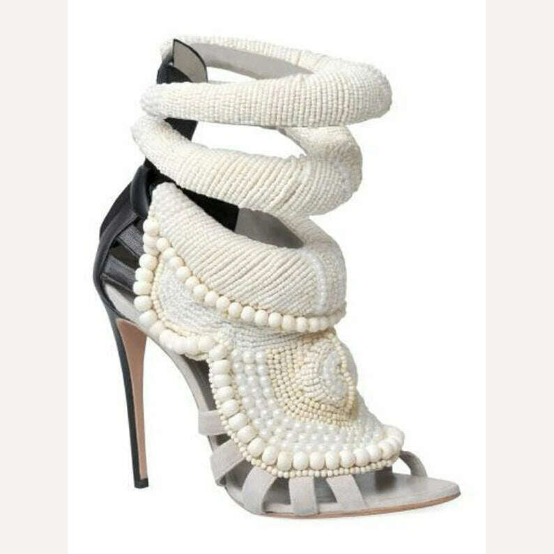 Luxury Pearl Embellished Peep toe Sandals Woman Knitted Wool Patched Gladiator High Heel Shoes Ladies Cutouts Dress Heels - KIMLUD