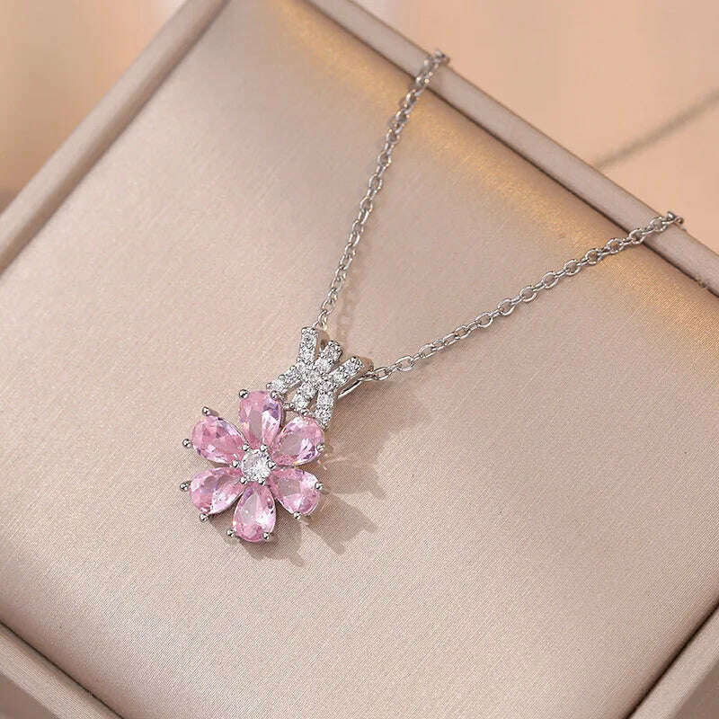 Luxury Pink Zircon Big Flower Stud Earrings and Pendants Stainless Steel Chains Necklaces For Women Bridal Birthday Jewelry Sets - KIMLUD