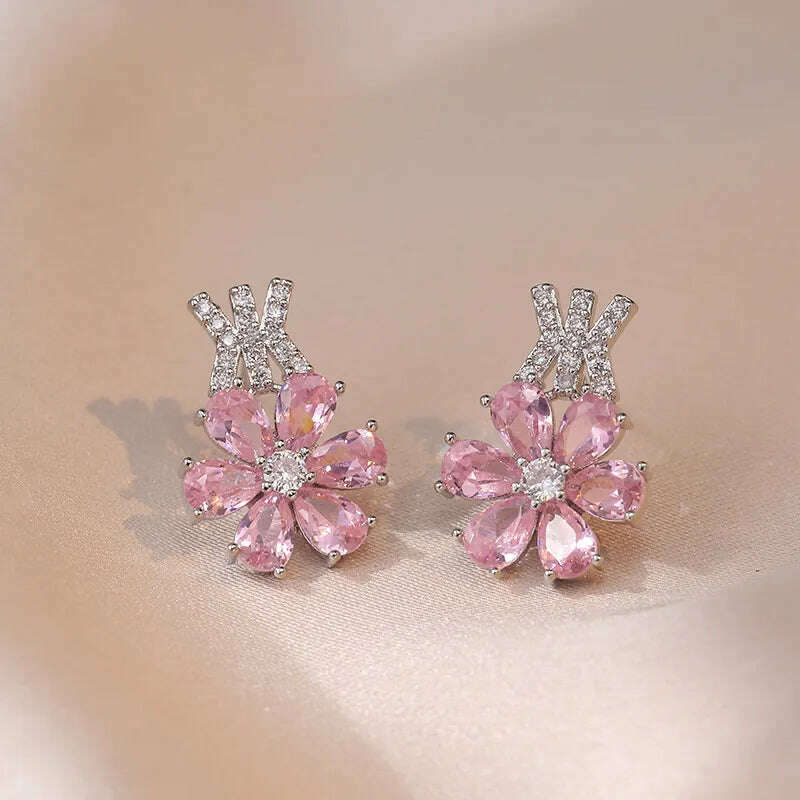 Luxury Pink Zircon Big Flower Stud Earrings and Pendants Stainless Steel Chains Necklaces For Women Bridal Birthday Jewelry Sets - KIMLUD