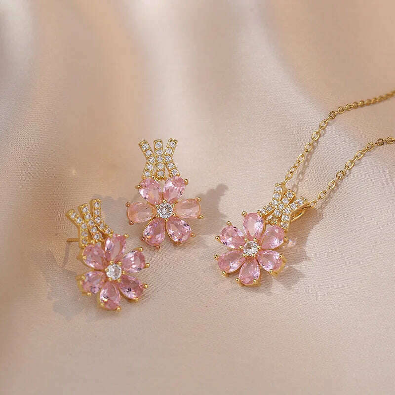 Luxury Pink Zircon Big Flower Stud Earrings and Pendants Stainless Steel Chains Necklaces For Women Bridal Birthday Jewelry Sets - KIMLUD