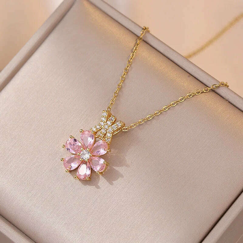 KIMLUD, Luxury Pink Zircon Big Flower Stud Earrings and Pendants Stainless Steel Chains Necklaces For Women Bridal Birthday Jewelry Sets, KIMLUD Women's Clothes