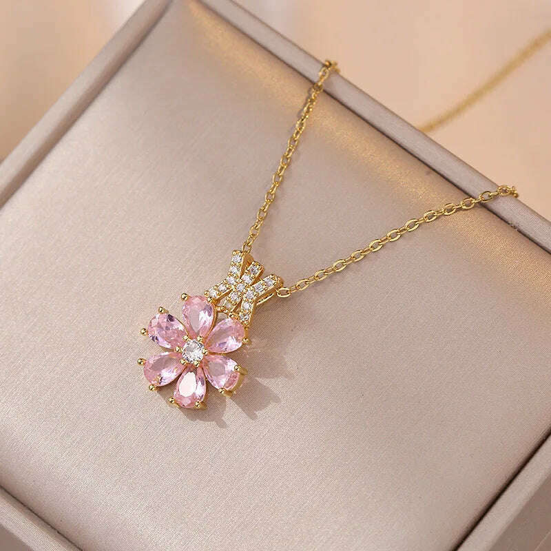 Luxury Pink Zircon Big Flower Stud Earrings and Pendants Stainless Steel Chains Necklaces For Women Bridal Birthday Jewelry Sets - KIMLUD