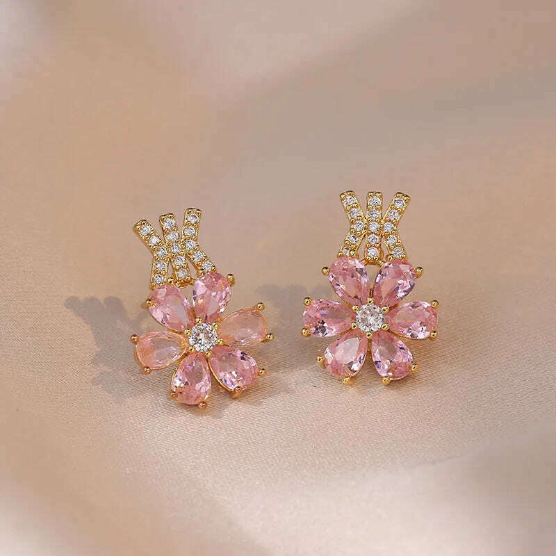 Luxury Pink Zircon Big Flower Stud Earrings and Pendants Stainless Steel Chains Necklaces For Women Bridal Birthday Jewelry Sets - KIMLUD