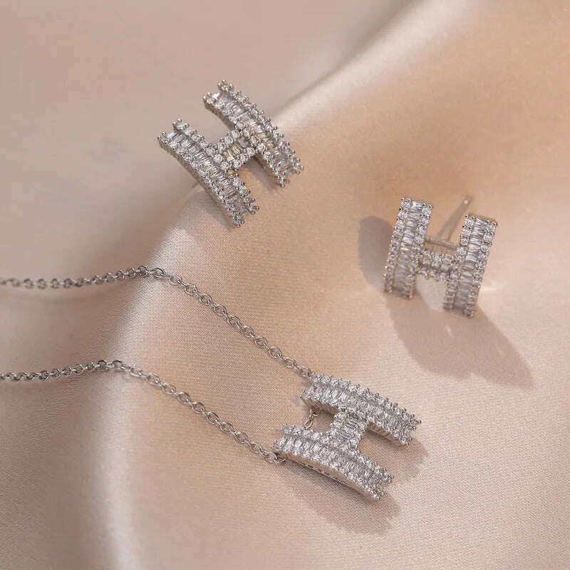 Luxury Pink Zircon Big Flower Stud Earrings and Pendants Stainless Steel Chains Necklaces For Women Bridal Birthday Jewelry Sets - KIMLUD