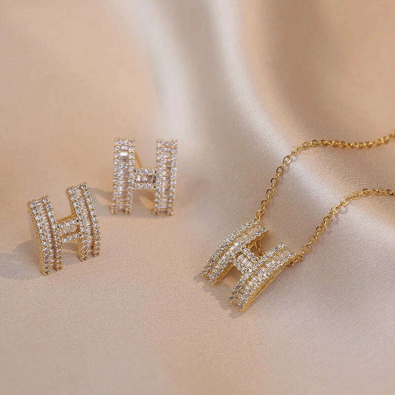 Luxury Pink Zircon Big Flower Stud Earrings and Pendants Stainless Steel Chains Necklaces For Women Bridal Birthday Jewelry Sets - KIMLUD