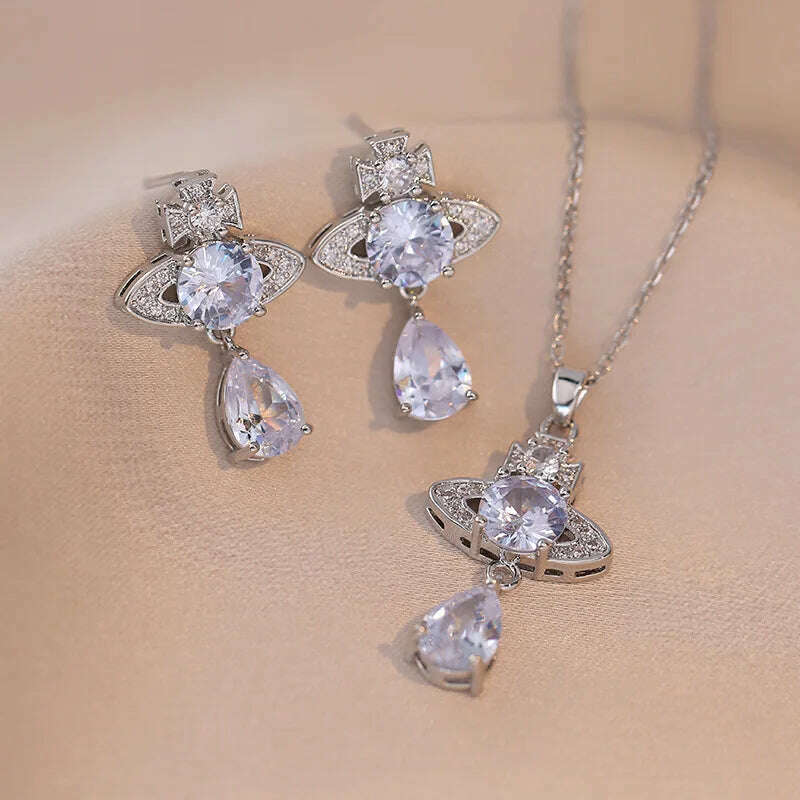 Luxury Pink Zircon Big Flower Stud Earrings and Pendants Stainless Steel Chains Necklaces For Women Bridal Birthday Jewelry Sets - KIMLUD